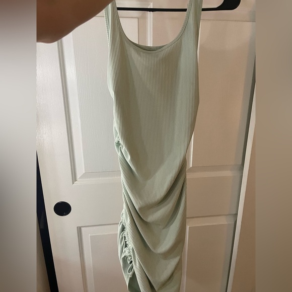 Sage Green Ribbed Drawstring Dress - Picture 3 of 4